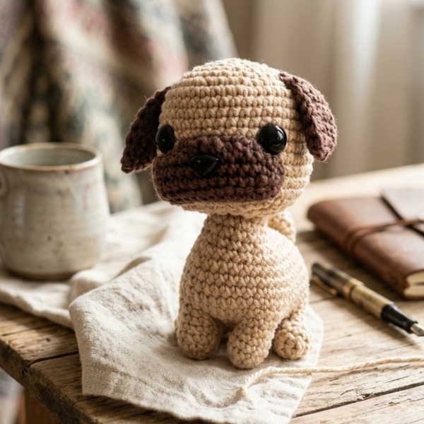 Doudou carlin au crochet sur une table